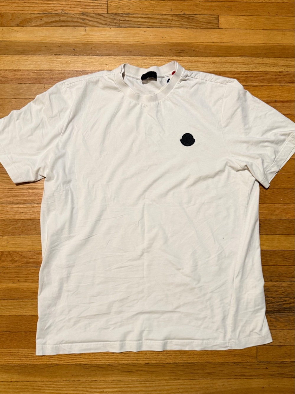 Moncler Men's White Short Sleeve Crewneck T-Shirt Black Emblem